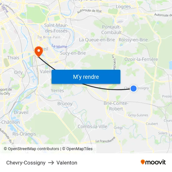 Chevry-Cossigny to Valenton map