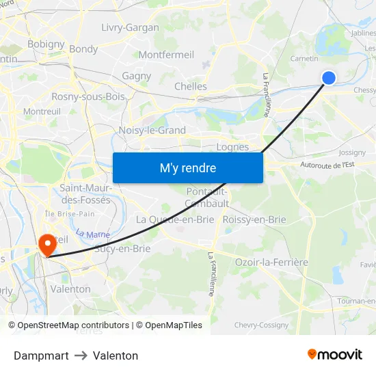 Dampmart to Valenton map