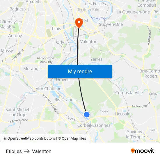 Etiolles to Valenton map