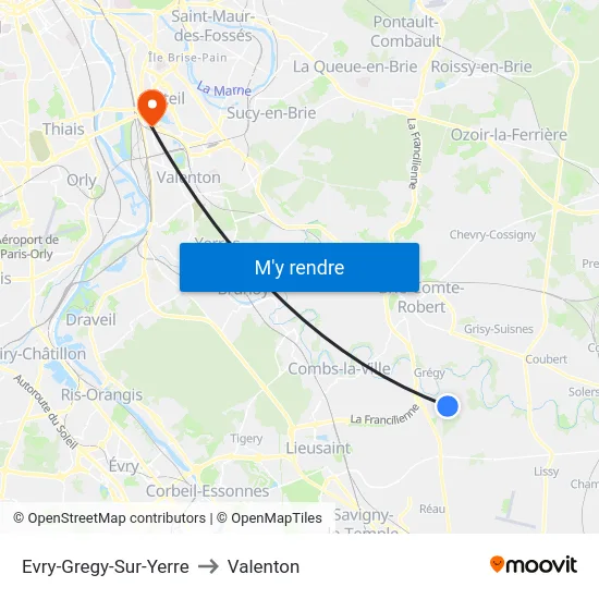 Evry-Gregy-Sur-Yerre to Valenton map