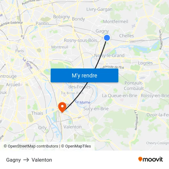 Gagny to Valenton map