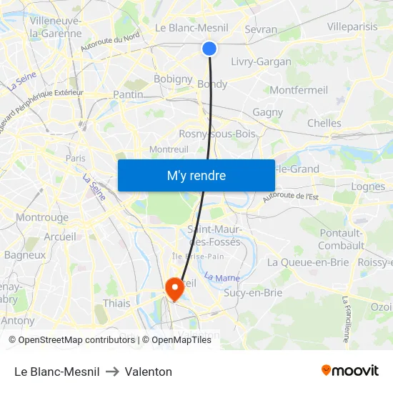 Le Blanc-Mesnil to Valenton map