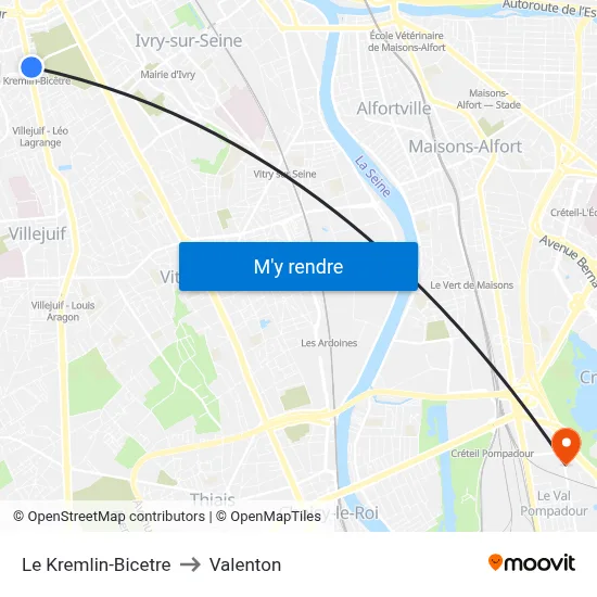 Le Kremlin-Bicetre to Valenton map