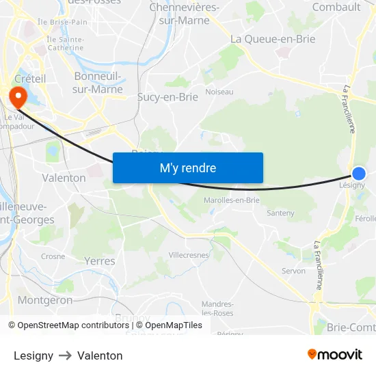 Lesigny to Valenton map