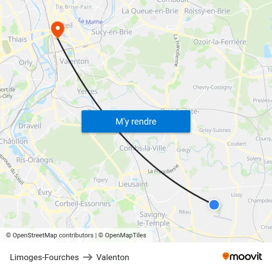 Limoges-Fourches to Valenton map