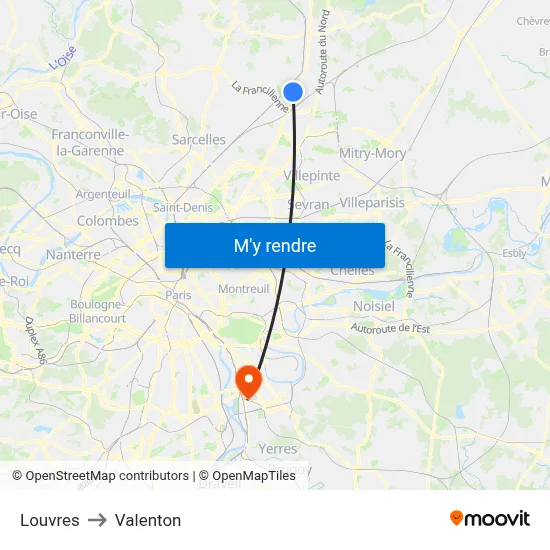 Louvres to Valenton map