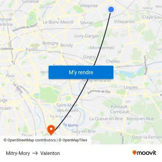 Mitry-Mory to Valenton map