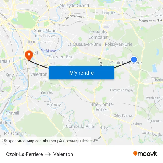 Ozoir-La-Ferriere to Valenton map