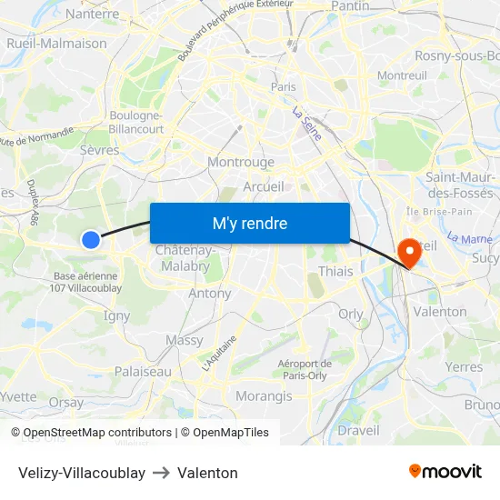 Velizy-Villacoublay to Valenton map