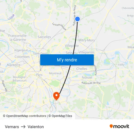 Vemars to Valenton map
