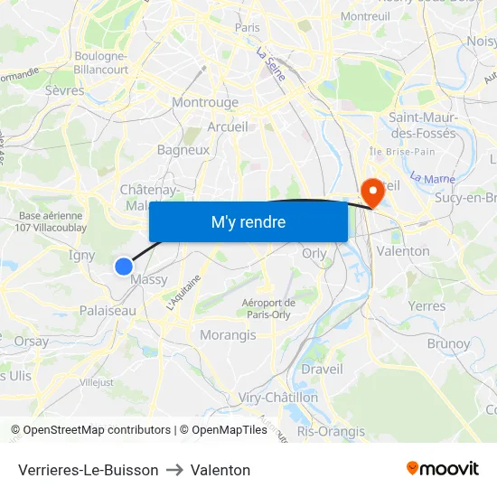 Verrieres-Le-Buisson to Valenton map