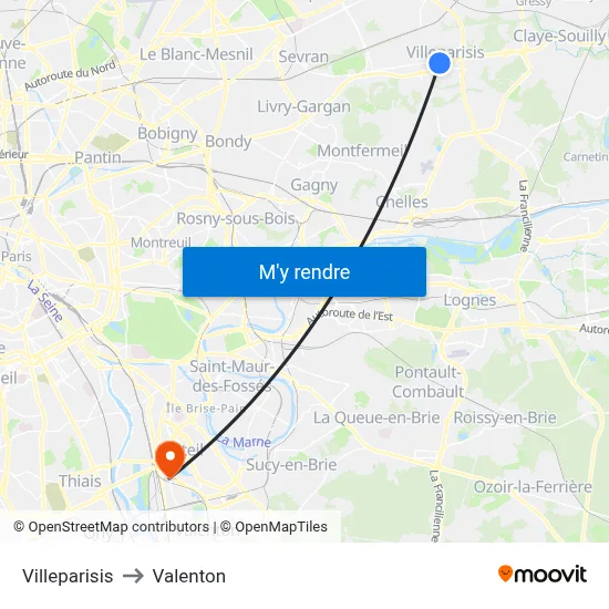 Villeparisis to Valenton map