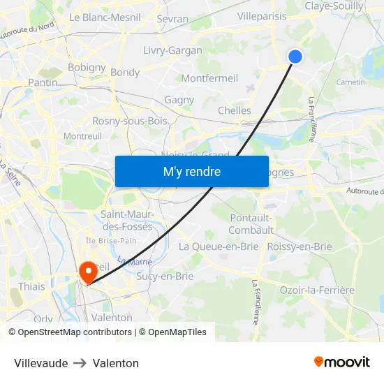 Villevaude to Valenton map