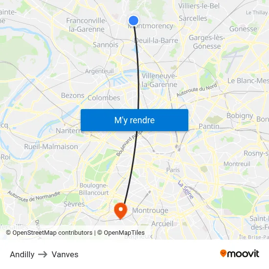 Andilly to Vanves map