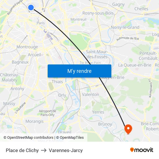 Place de Clichy to Varennes-Jarcy map