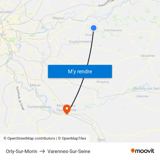 Orly-Sur-Morin to Varennes-Sur-Seine map