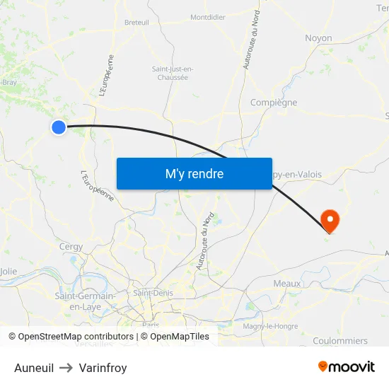 Auneuil to Varinfroy map