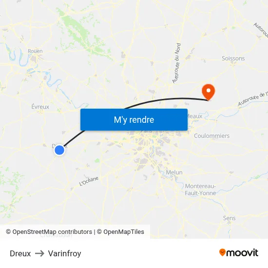 Dreux to Varinfroy map