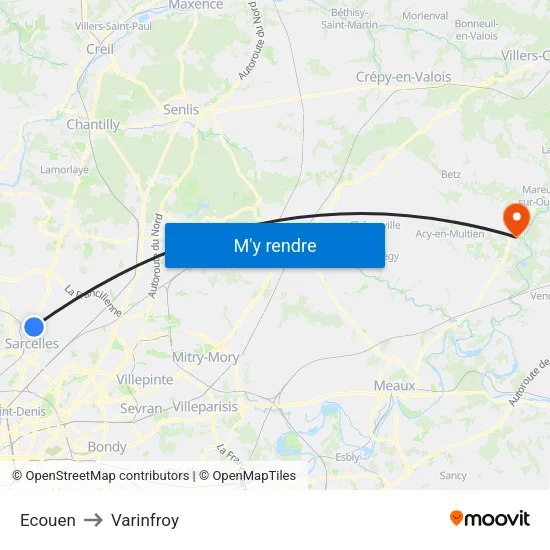 Ecouen to Varinfroy map