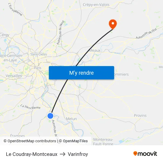 Le Coudray-Montceaux to Varinfroy map