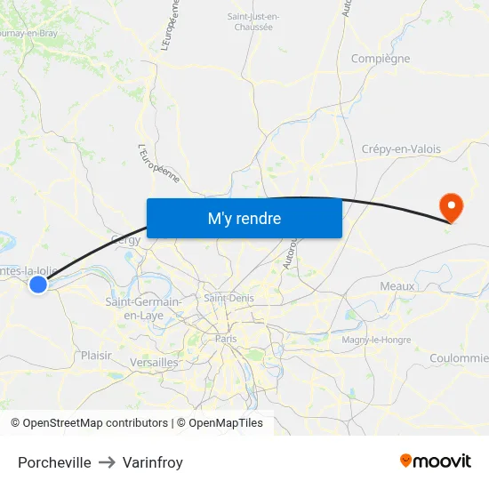 Porcheville to Varinfroy map