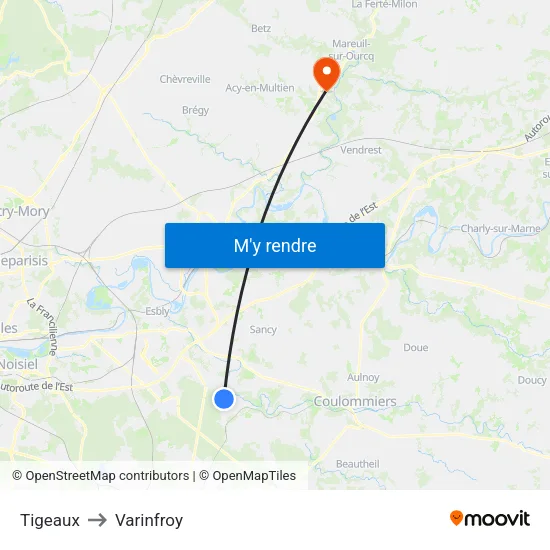 Tigeaux to Varinfroy map