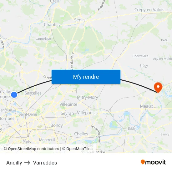 Andilly to Varreddes map