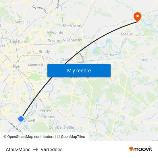 Athis-Mons to Varreddes map