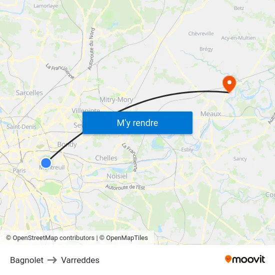 Bagnolet to Varreddes map