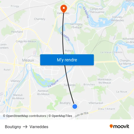 Boutigny to Varreddes map