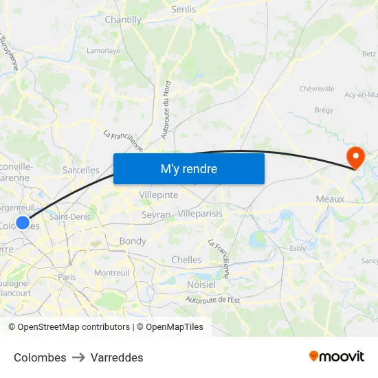 Colombes to Varreddes map