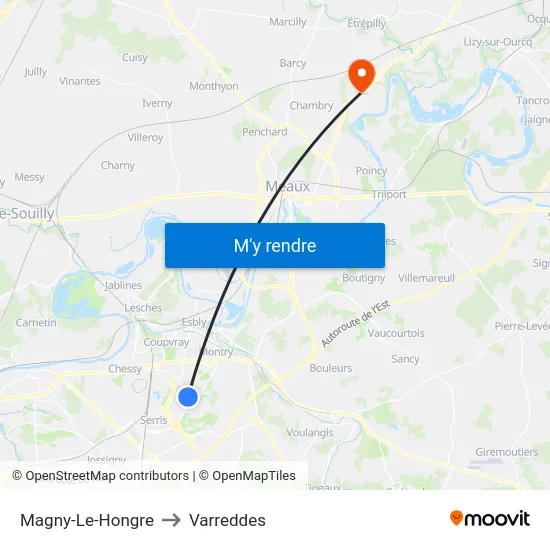Magny-Le-Hongre to Varreddes map