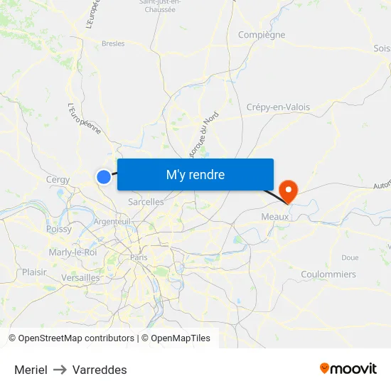 Meriel to Varreddes map