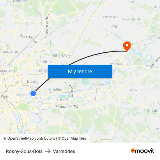 Rosny-Sous-Bois to Varreddes map