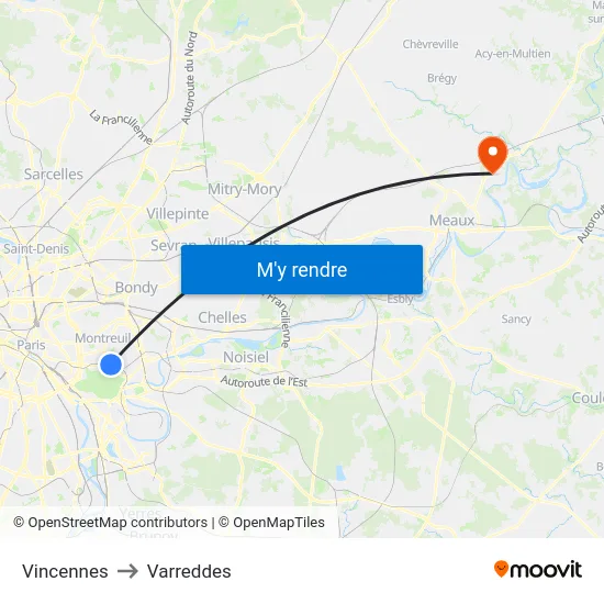 Vincennes to Varreddes map
