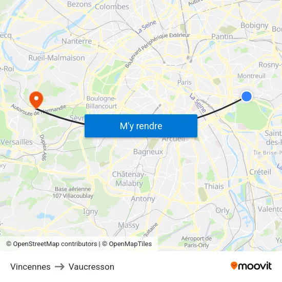 Vincennes to Vaucresson map