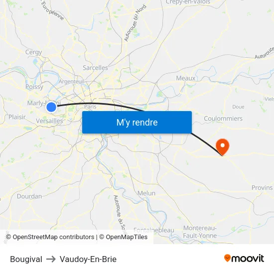 Bougival to Vaudoy-En-Brie map
