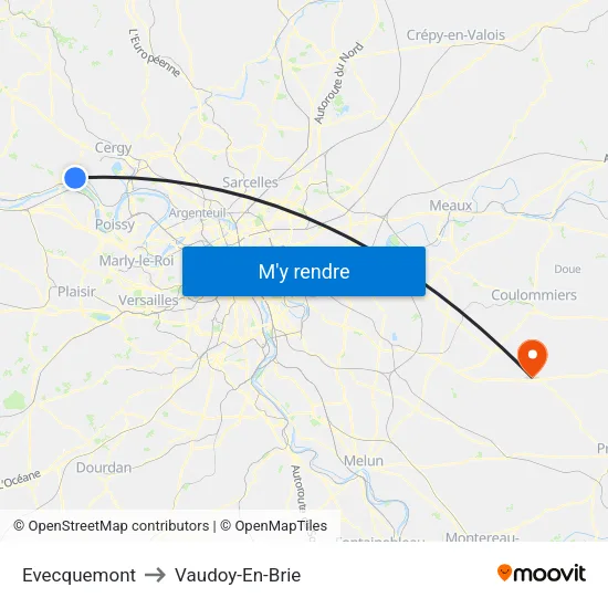 Evecquemont to Vaudoy-En-Brie map