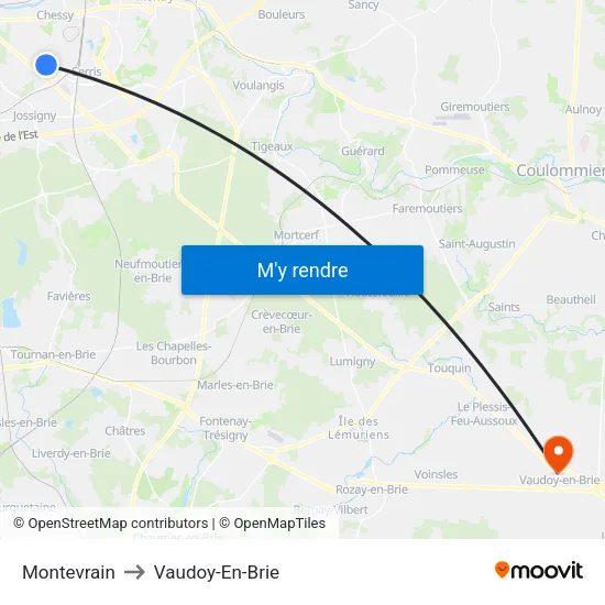 Montevrain to Vaudoy-En-Brie map
