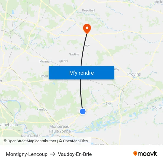 Montigny-Lencoup to Vaudoy-En-Brie map