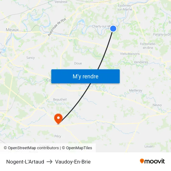 Nogent-L'Artaud to Vaudoy-En-Brie map