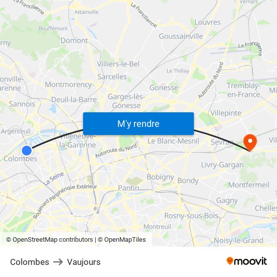 Colombes to Vaujours map