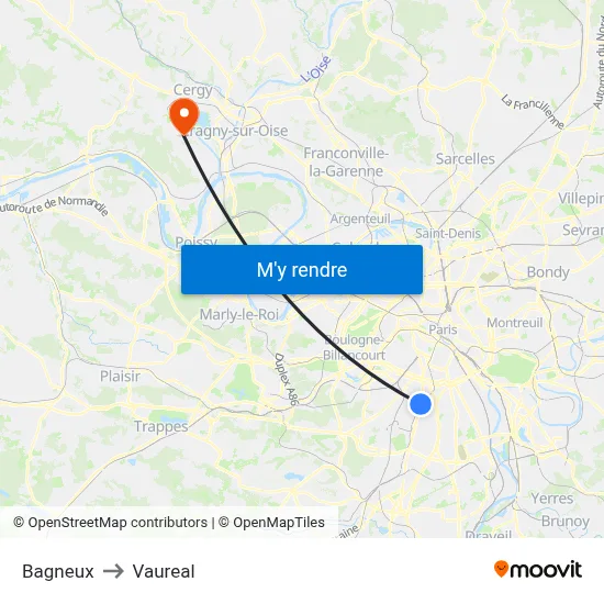 Bagneux to Vaureal map