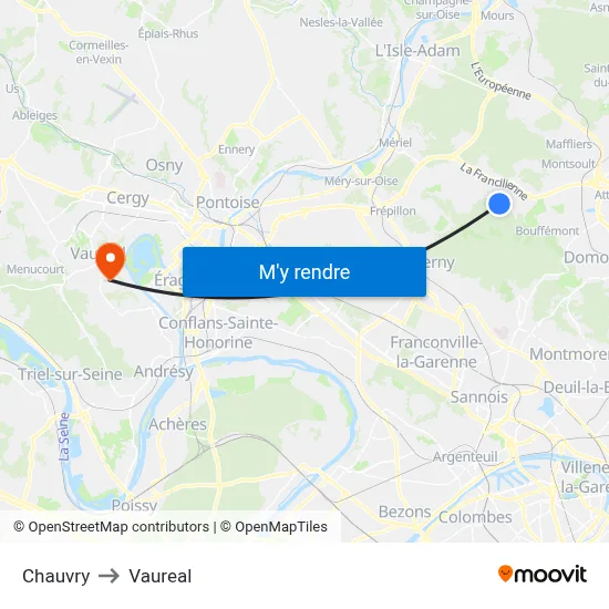 Chauvry to Vaureal map