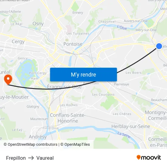Frepillon to Vaureal map