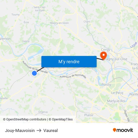 Jouy-Mauvoisin to Vaureal map