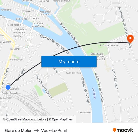 Gare de Melun to Vaux-Le-Penil map