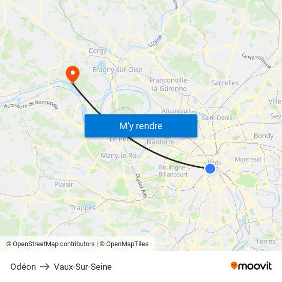 Odéon to Vaux-Sur-Seine map