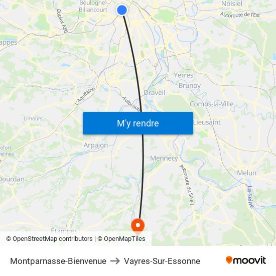 Montparnasse-Bienvenue to Vayres-Sur-Essonne map