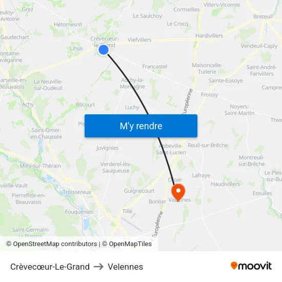 Crèvecœur-Le-Grand to Velennes map